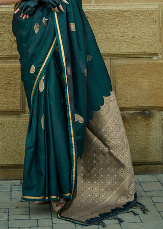 Bottle Green Regal Banarasi Satin Silk Saree – Timeless Elegance ClothsVilla