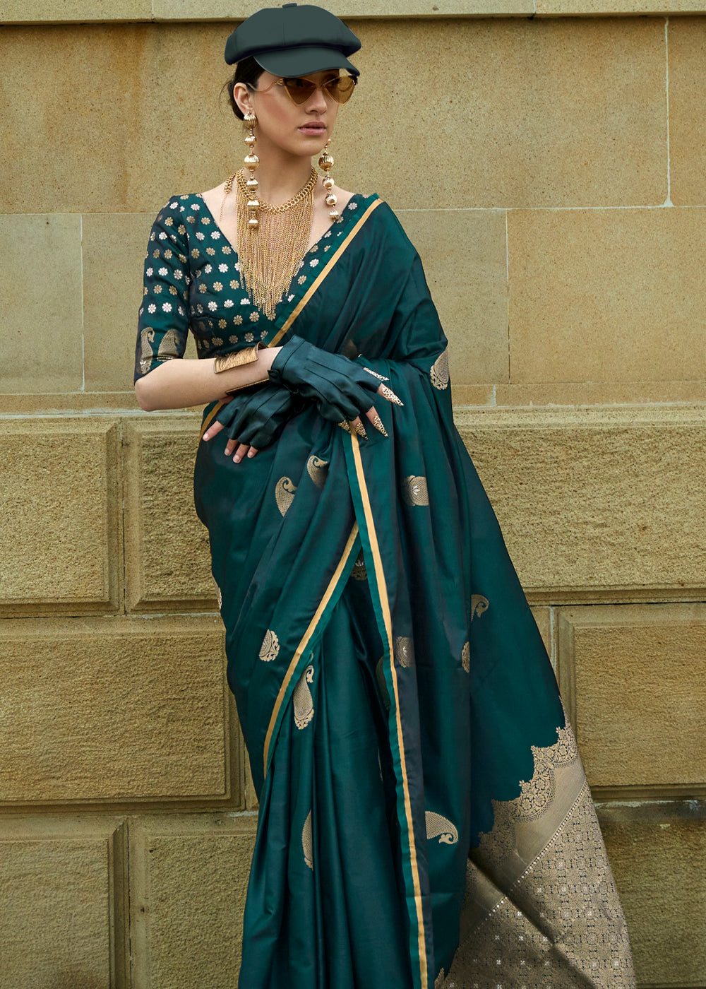 Bottle Green Regal Banarasi Satin Silk Saree – Timeless Elegance ClothsVilla