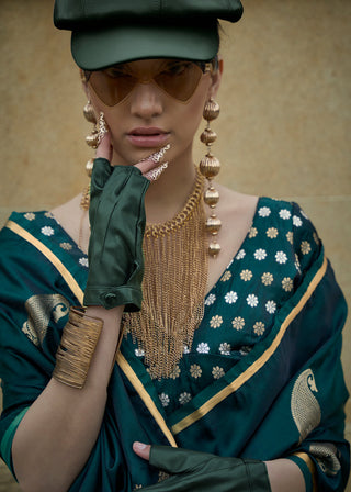 Bottle Green Regal Banarasi Satin Silk Saree – Timeless Elegance ClothsVilla