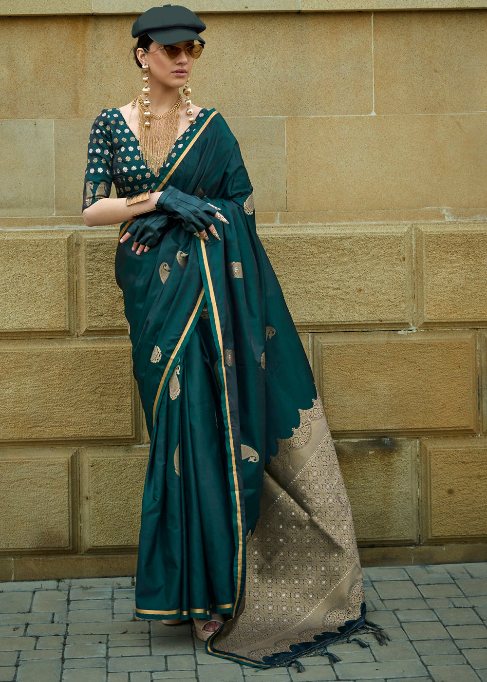 Bottle Green Regal Banarasi Satin Silk Saree – Timeless Elegance ClothsVilla Main image