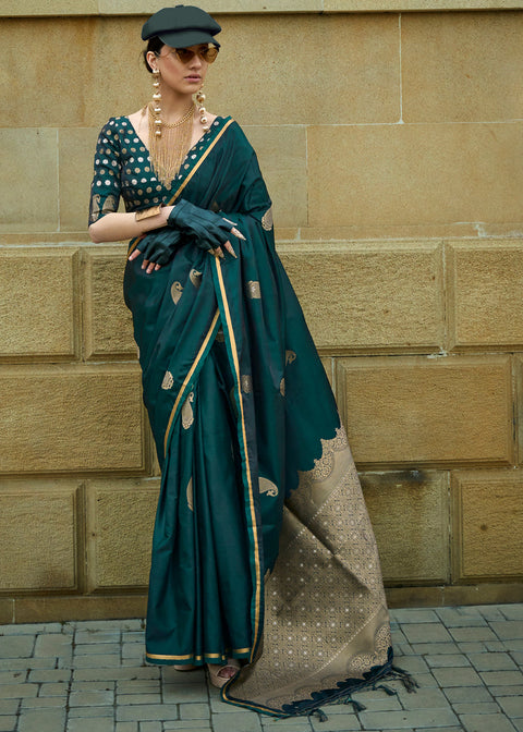 Bottle Green Regal Banarasi Satin Silk Saree – Timeless Elegance ClothsVilla Main image