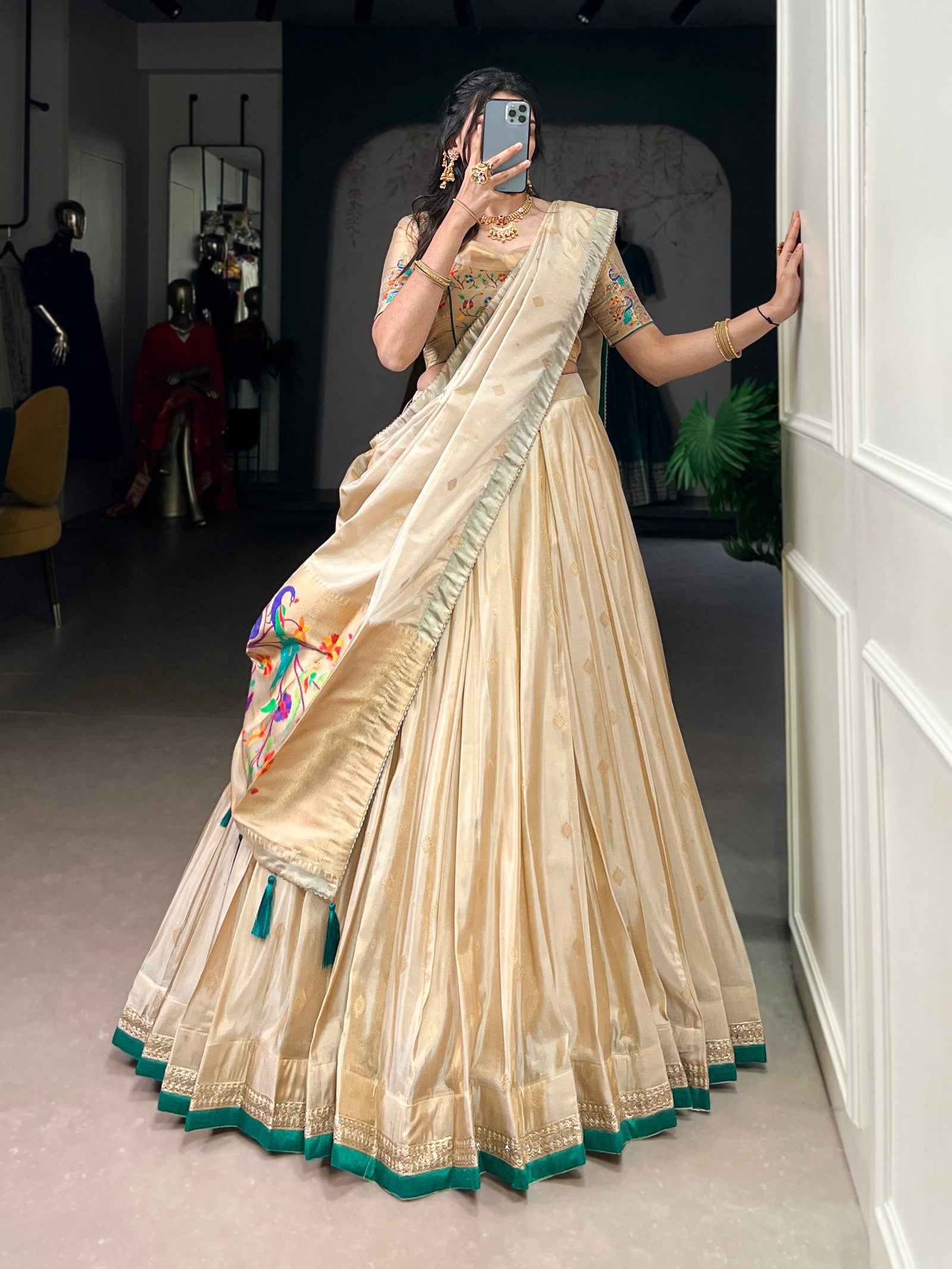 Beige Royal Gold Shimmer Paithani Zari Weaving Lehenga Choli Set with Tassel Dupatta – Stitched Ensemble with Canvas & Can-can Flair Clothsvilla