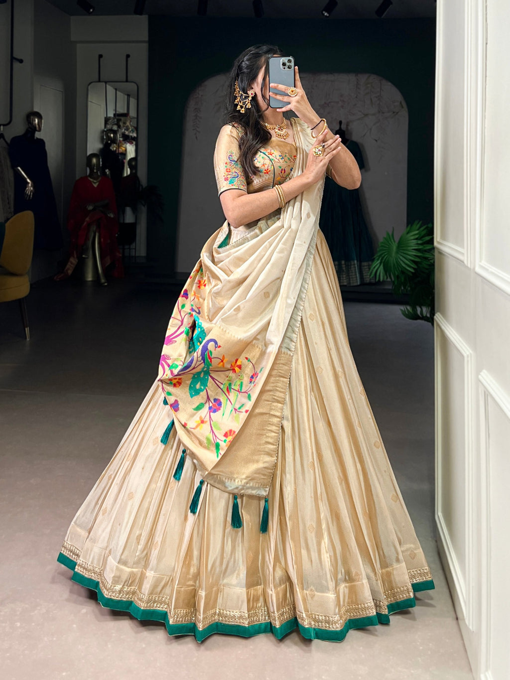 Beige Royal Gold Shimmer Paithani Zari Weaving Lehenga Choli Set with Tassel Dupatta – Stitched Ensemble with Canvas & Can-can Flair Clothsvilla