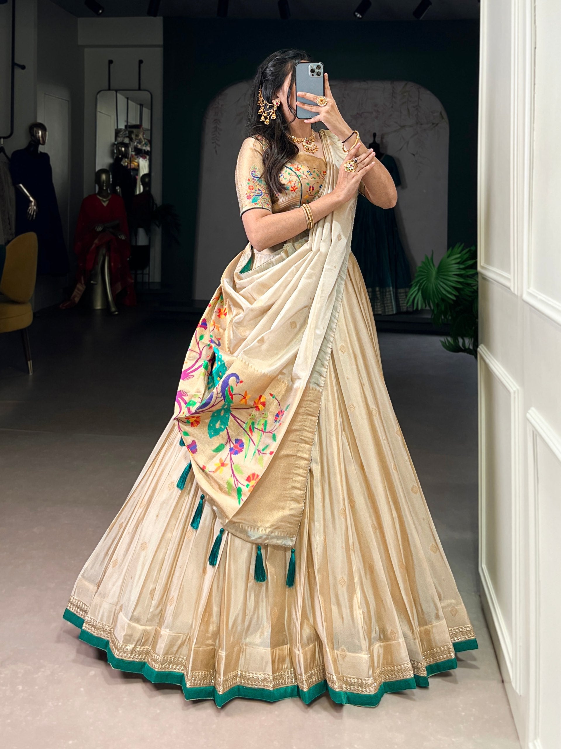 Beige Royal Gold Shimmer Paithani Zari Weaving Lehenga Choli Set with Tassel Dupatta – Stitched Ensemble with Canvas & Can-can Flair Clothsvilla