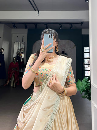 Beige Royal Gold Shimmer Paithani Zari Weaving Lehenga Choli Set with Tassel Dupatta – Stitched Ensemble with Canvas & Can-can Flair Clothsvilla