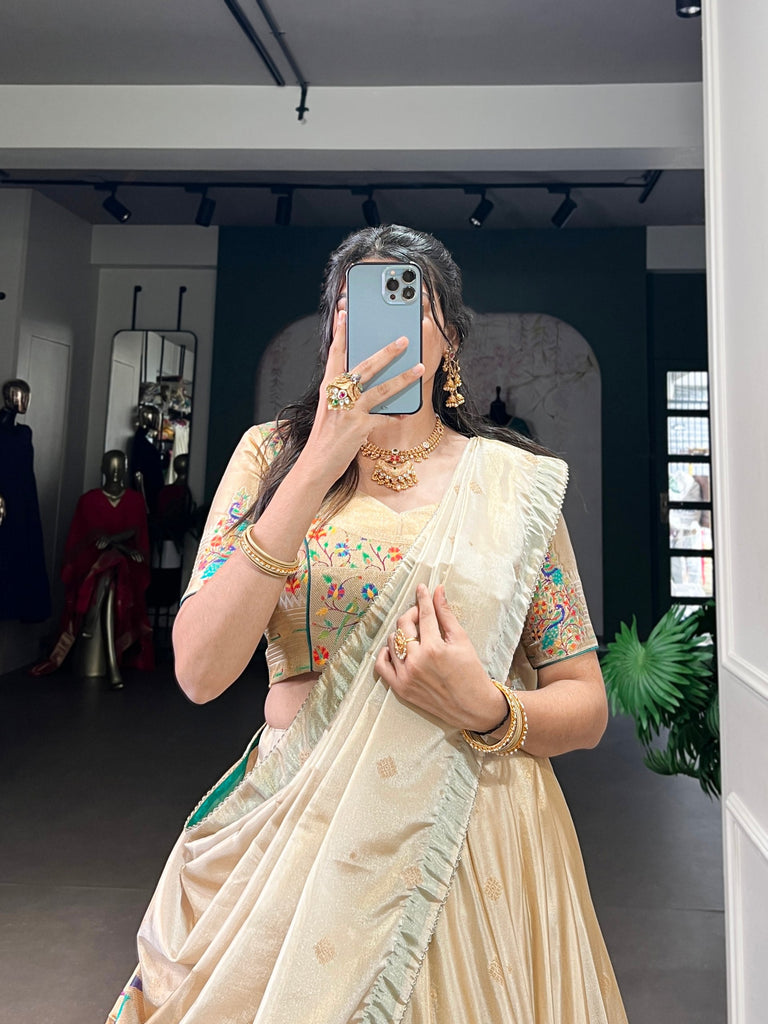 Beige Royal Gold Shimmer Paithani Zari Weaving Lehenga Choli Set with Tassel Dupatta – Stitched Ensemble with Canvas & Can-can Flair Clothsvilla