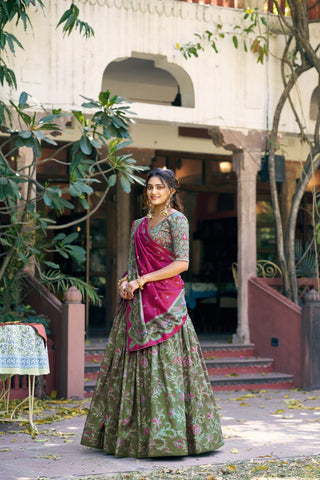 Bottle Green Silk Foil Print Lehenga Set Clothsvilla
