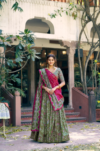 Bottle Green Silk Foil Print Lehenga Set Clothsvilla