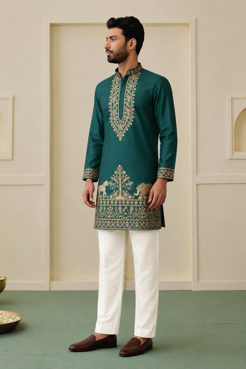 Bottle Green Silk Kurta Pant Set ClothsVilla