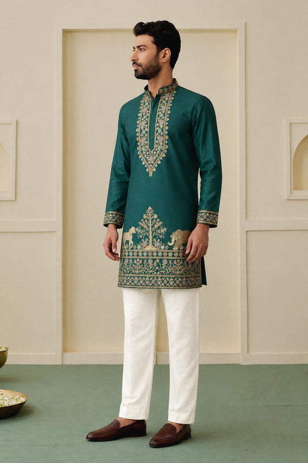 Bottle Green Silk Kurta Pant Set ClothsVilla