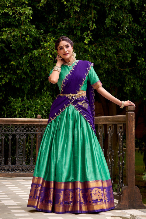 Bottle Green Traditional Poly Cotton Lehenga with Zari Weaving Work & Georgette Embroidered Dupatta – Stitched Lehenga with Unstitched Blouse ClothsVilla Main image