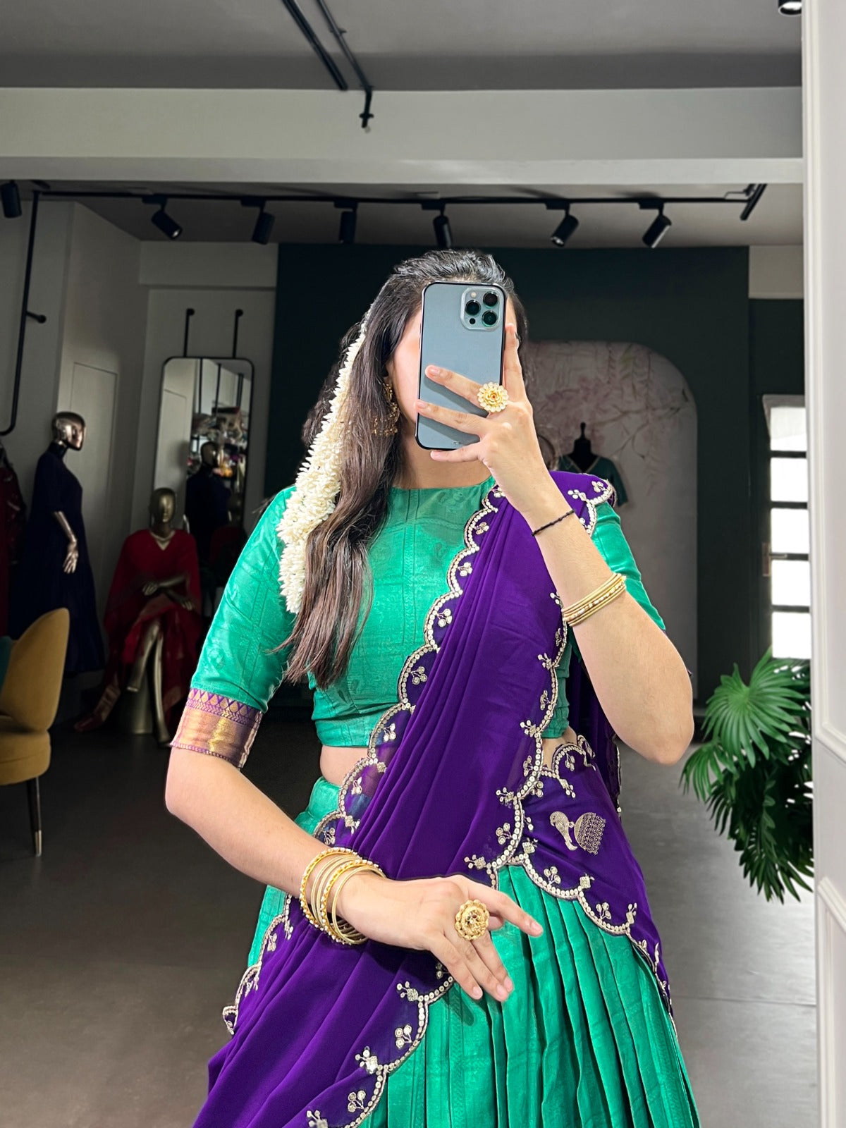 Bottle Green Traditional Poly Cotton Lehenga with Zari Weaving Work & Georgette Embroidered Dupatta – Stitched Lehenga with Unstitched Blouse ClothsVilla