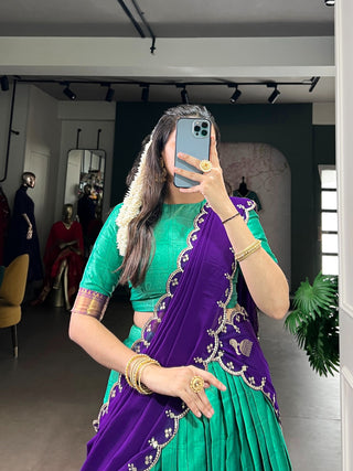 Bottle Green Traditional Poly Cotton Lehenga with Zari Weaving Work & Georgette Embroidered Dupatta – Stitched Lehenga with Unstitched Blouse ClothsVilla