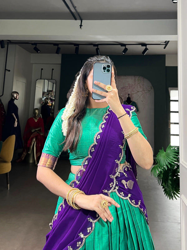Bottle Green Traditional Poly Cotton Lehenga with Zari Weaving Work & Georgette Embroidered Dupatta – Stitched Lehenga with Unstitched Blouse ClothsVilla