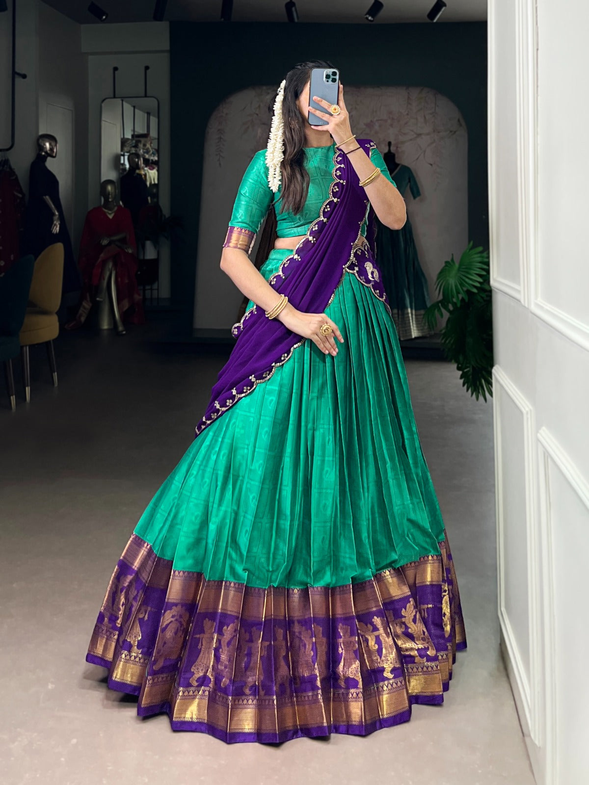 Bottle Green Traditional Poly Cotton Lehenga with Zari Weaving Work & Georgette Embroidered Dupatta – Stitched Lehenga with Unstitched Blouse ClothsVilla