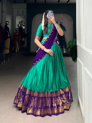 Bottle Green Traditional Poly Cotton Lehenga with Zari Weaving Work & Georgette Embroidered Dupatta – Stitched Lehenga with Unstitched Blouse ClothsVilla