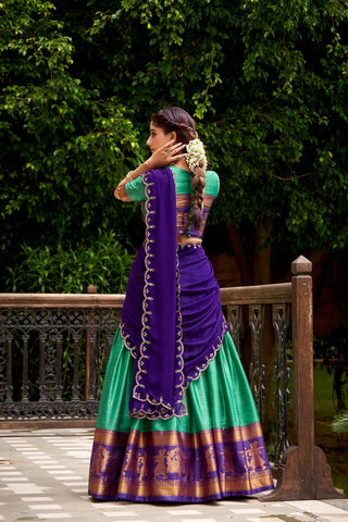 Bottle Green Traditional Poly Cotton Lehenga with Zari Weaving Work & Georgette Embroidered Dupatta – Stitched Lehenga with Unstitched Blouse ClothsVilla