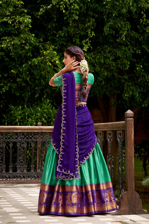Bottle Green Traditional Poly Cotton Lehenga with Zari Weaving Work & Georgette Embroidered Dupatta – Stitched Lehenga with Unstitched Blouse ClothsVilla