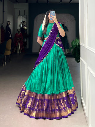Bottle Green Traditional Poly Cotton Lehenga with Zari Weaving Work & Georgette Embroidered Dupatta – Stitched Lehenga with Unstitched Blouse ClothsVilla