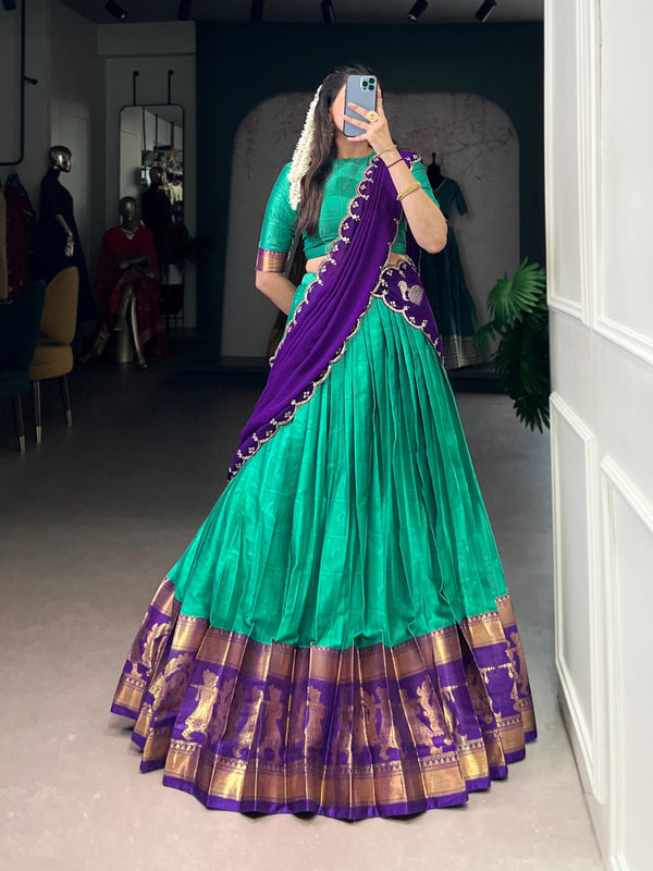 Bottle Green Traditional Poly Cotton Lehenga with Zari Weaving Work & Georgette Embroidered Dupatta – Stitched Lehenga with Unstitched Blouse ClothsVilla