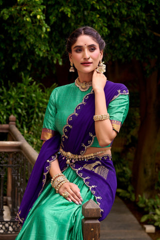 Bottle Green Traditional Poly Cotton Lehenga with Zari Weaving Work & Georgette Embroidered Dupatta – Stitched Lehenga with Unstitched Blouse ClothsVilla