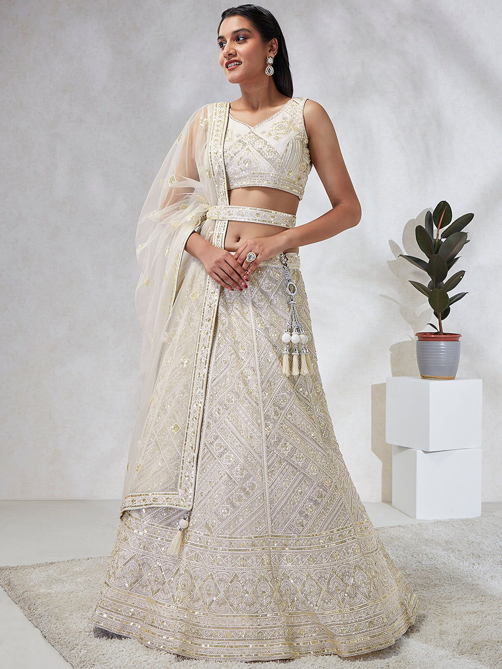 Breathtaking Cream Net Lehenga Choli Set with Cutdana, Sequin & Zarkan Work ClothsVilla
