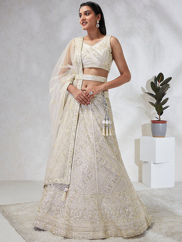 Breathtaking Cream Net Lehenga Choli Set with Cutdana, Sequin & Zarkan Work ClothsVilla