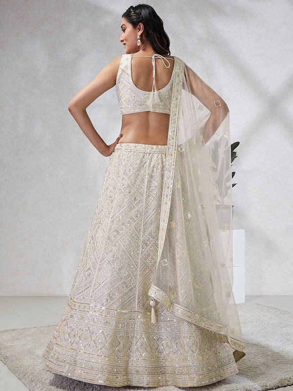 Breathtaking Cream Net Lehenga Choli Set with Cutdana, Sequin & Zarkan Work ClothsVilla