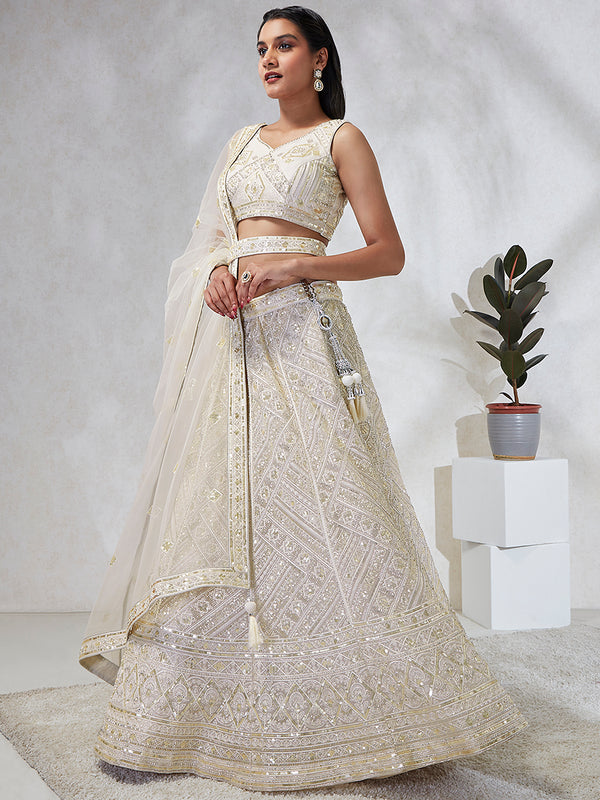 Breathtaking Cream Net Lehenga Choli Set with Cutdana, Sequin & Zarkan Work ClothsVilla