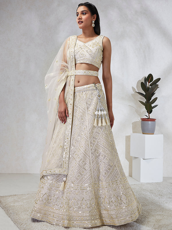 Breathtaking Cream Net Lehenga Choli Set with Cutdana, Sequin & Zarkan Work ClothsVilla