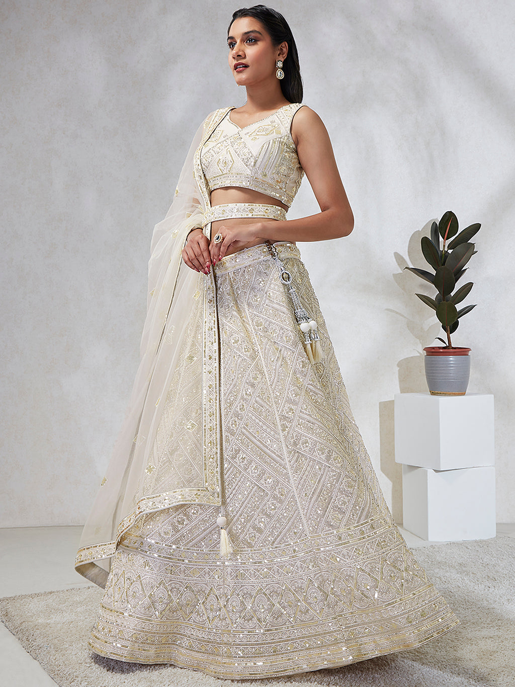 Breathtaking Cream Net Lehenga Choli Set with Cutdana, Sequin & Zarkan Work ClothsVilla