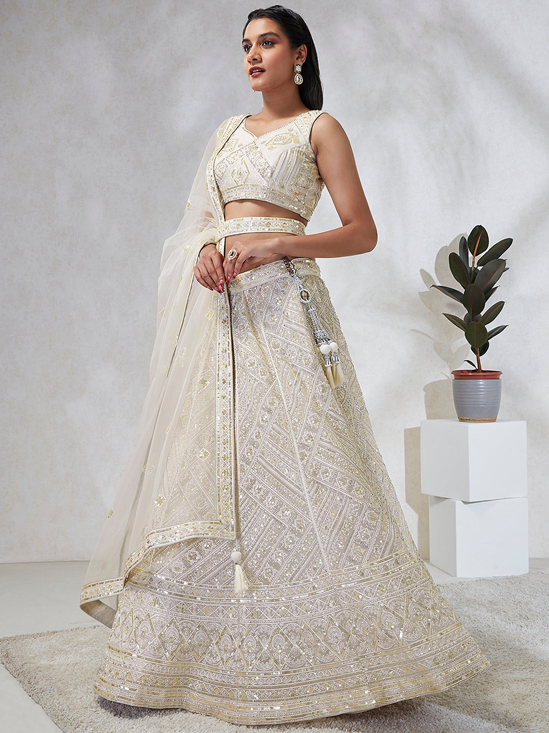 Breathtaking Cream Net Lehenga Choli Set with Cutdana, Sequin & Zarkan Work ClothsVilla