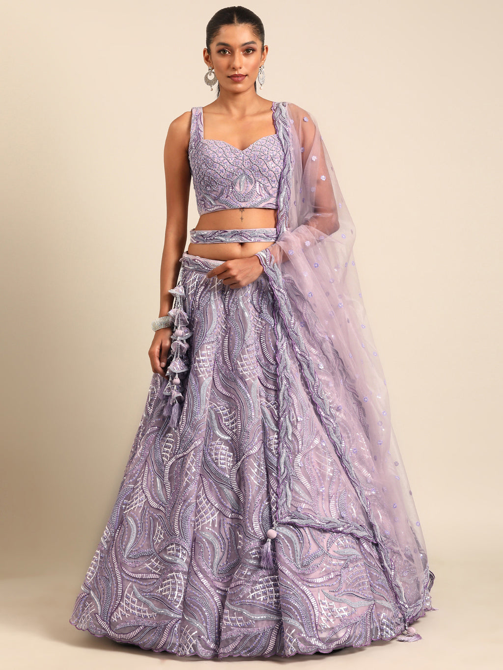 Breathtaking Lavender Net Lehenga Choli Set with Zarkan & Sequin Embroidery ClothsVilla