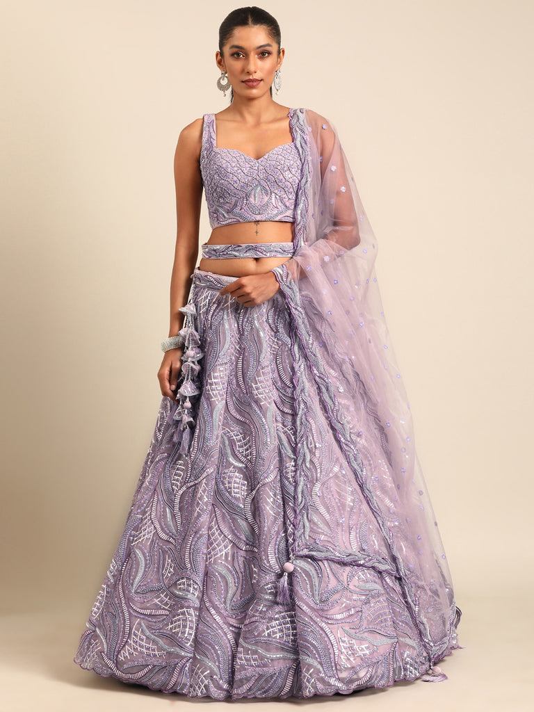 Breathtaking Lavender Net Lehenga Choli Set with Zarkan & Sequin Embroidery ClothsVilla