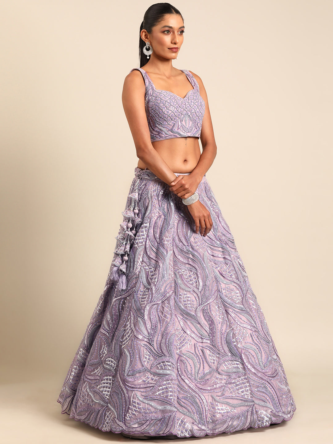 Breathtaking Lavender Net Lehenga Choli Set with Zarkan & Sequin Embroidery ClothsVilla
