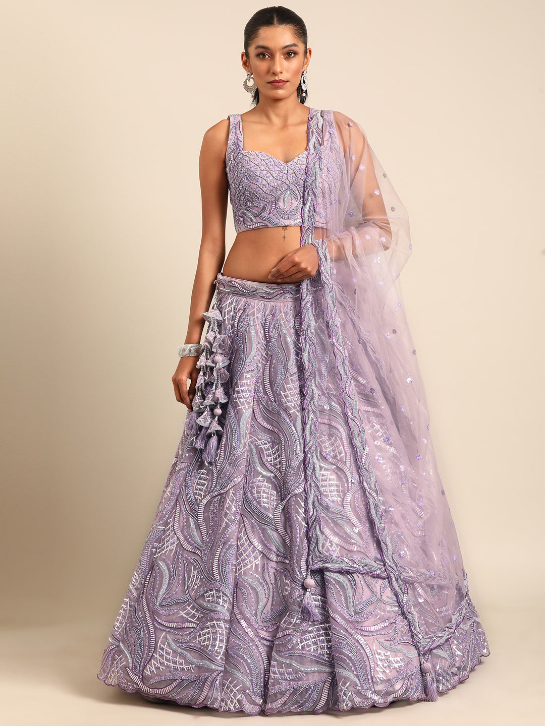 Breathtaking Lavender Net Lehenga Choli Set with Zarkan & Sequin Embroidery ClothsVilla