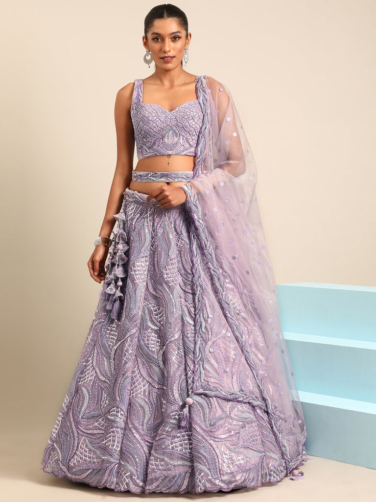 Breathtaking Lavender Net Lehenga Choli Set with Zarkan & Sequin Embroidery ClothsVilla
