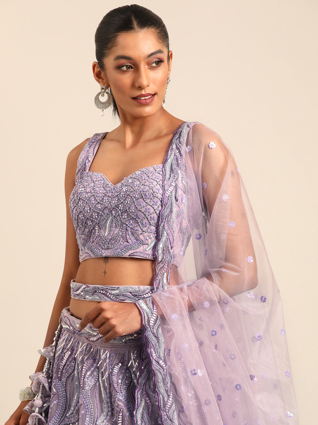 Breathtaking Lavender Net Lehenga Choli Set with Zarkan & Sequin Embroidery ClothsVilla