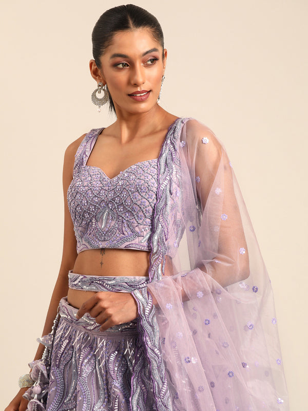 Breathtaking Lavender Net Lehenga Choli Set with Zarkan & Sequin Embroidery ClothsVilla