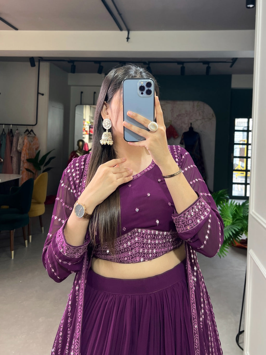 Breathtaking Purple Sequined Georgette Indo-Western Lehenga Set with Elegant Shrug - 3 Pcs ClothsVilla