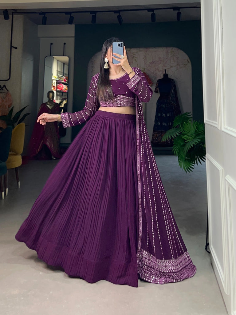 Breathtaking Purple Sequined Georgette Indo-Western Lehenga Set with Elegant Shrug - 3 Pcs ClothsVilla