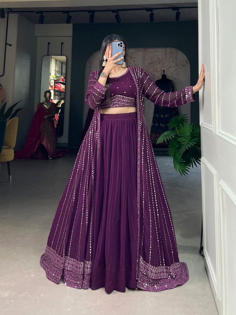 Breathtaking Purple Sequined Georgette Indo-Western Lehenga Set with Elegant Shrug - 3 Pcs ClothsVilla