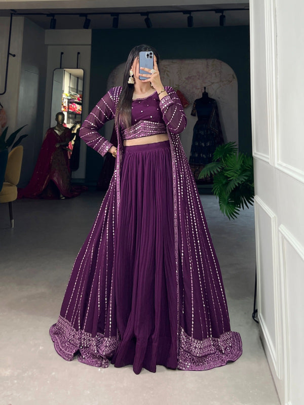 Breathtaking Purple Sequined Georgette Indo-Western Lehenga Set with Elegant Shrug - 3 Pcs ClothsVilla