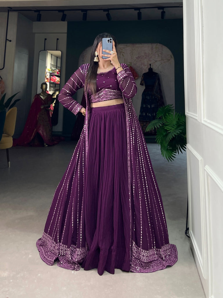 Breathtaking Purple Sequined Georgette Indo-Western Lehenga Set with Elegant Shrug - 3 Pcs ClothsVilla