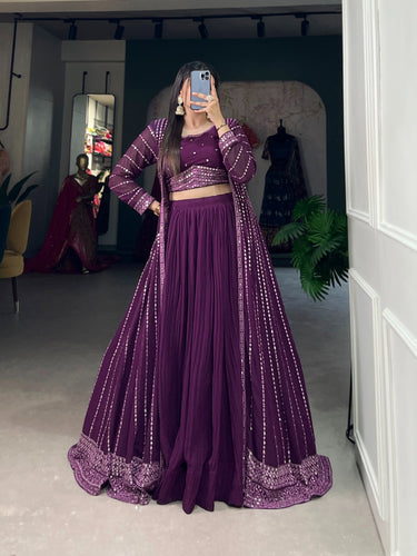 Breathtaking Purple Sequined Georgette Indo-Western Lehenga Set with Elegant Shrug - 3 Pcs ClothsVilla