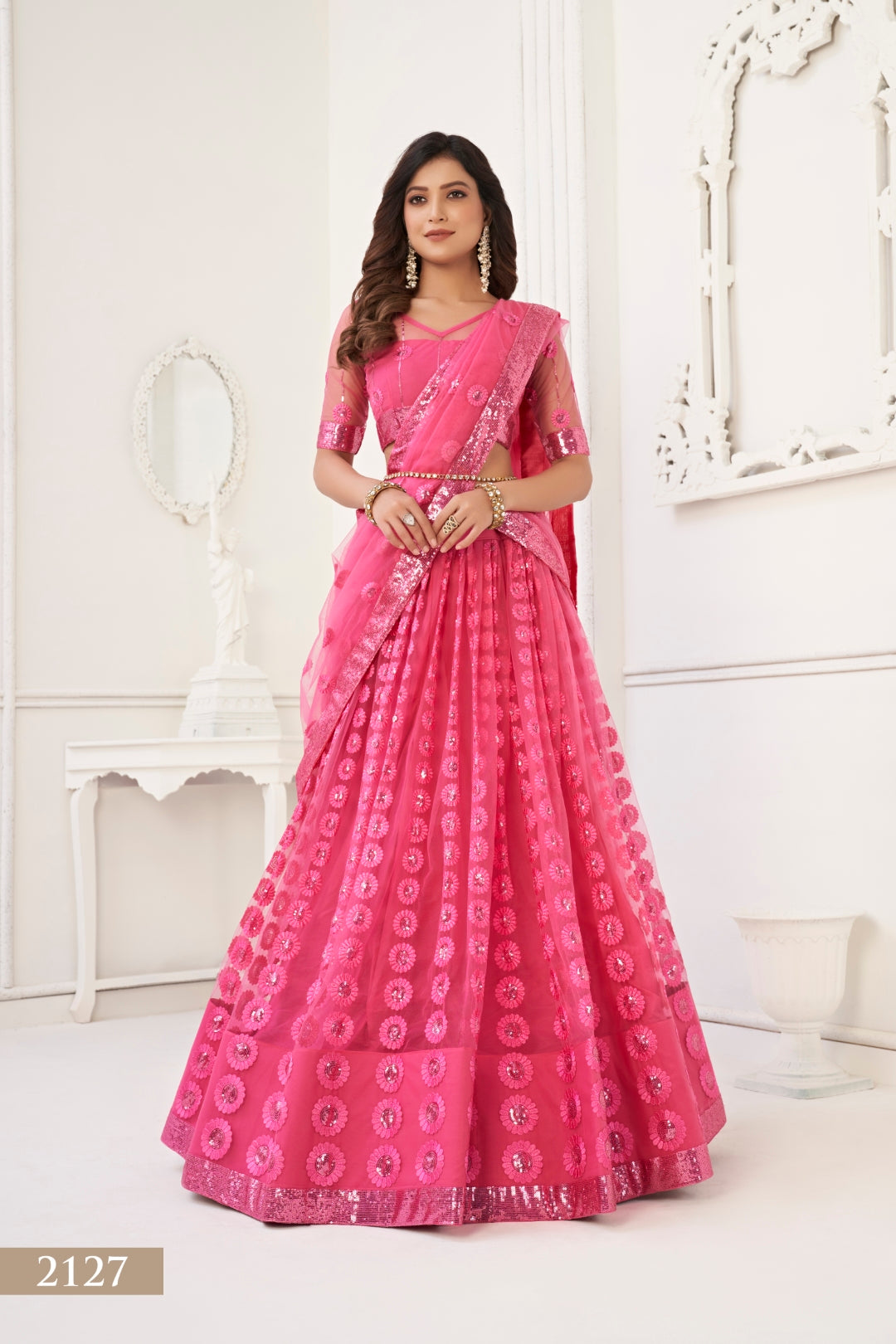Bright Pink Elegant Butterfly Net Lehenga Set with Intricate Tone-to-Tone Embroidery Main image