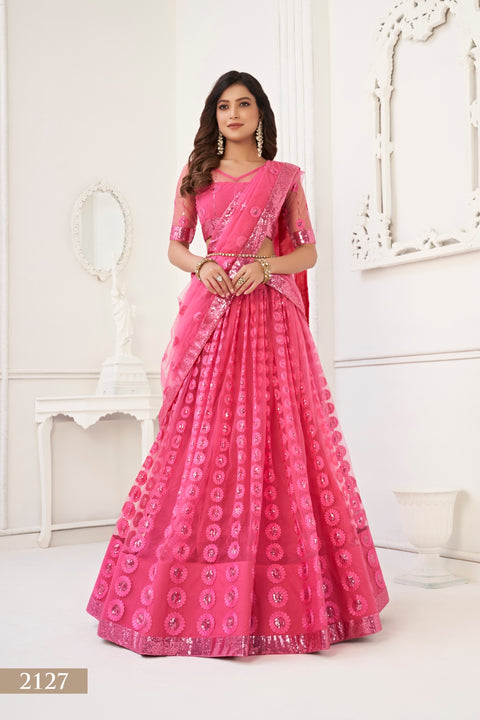 Bright Pink Elegant Butterfly Net Lehenga Set with Intricate Tone-to-Tone Embroidery Main image