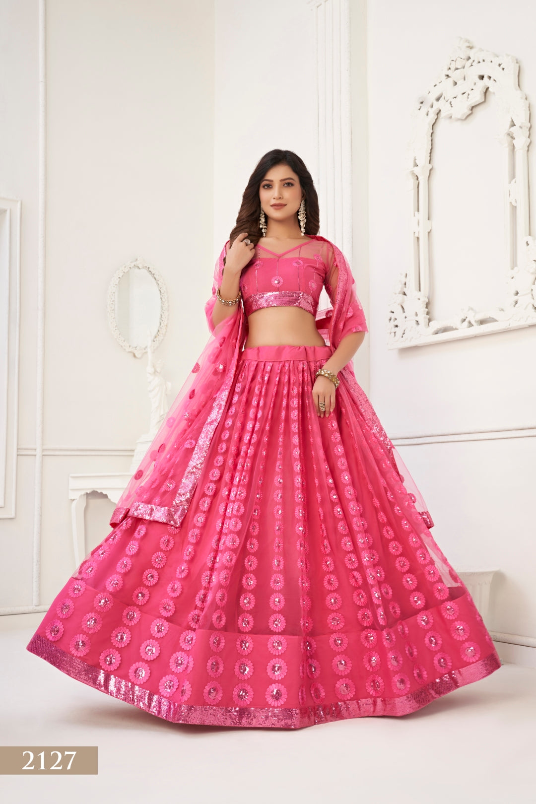 Bright Pink Elegant Butterfly Net Lehenga Set with Intricate Tone-to-Tone Embroidery
