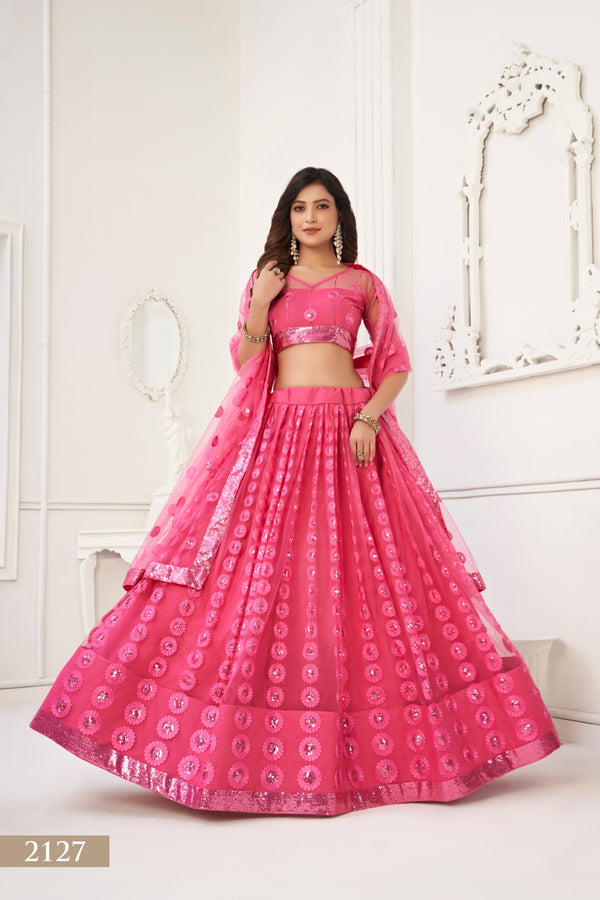 Bright Pink Elegant Butterfly Net Lehenga Set with Intricate Tone-to-Tone Embroidery