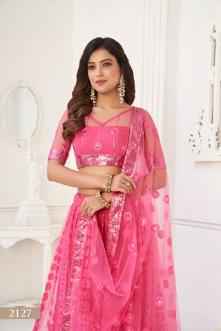 Bright Pink Elegant Butterfly Net Lehenga Set with Intricate Tone-to-Tone Embroidery